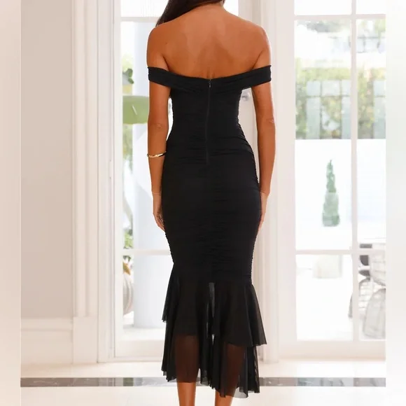 Hello Molly Tanisha Off Shoulder Mesh Black Midi Ruched Mermaid Dress Size Small - Picture 4 of 11